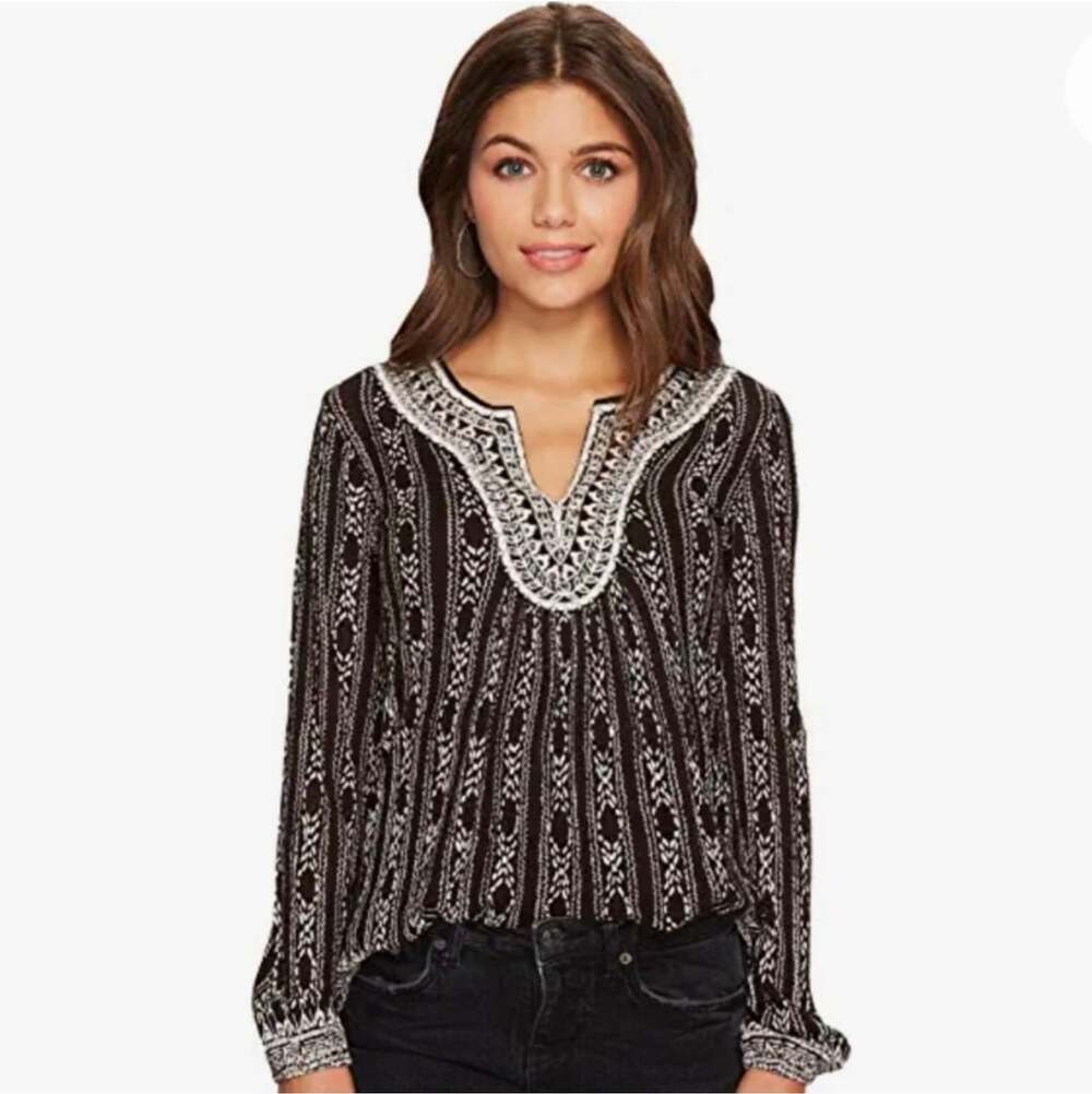 Lucky Brand Black White Embroidered Long Sleeve Tunic Blouse Top 1X